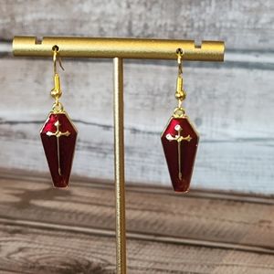 Red & Gold Coffin Shaped Halloween Dangle Earrings